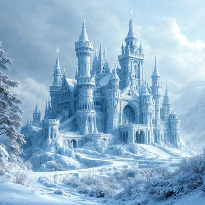 Primary subject: A large, snow-covered castle with a tall tower.

Setting/background: The castle is situated in a snowy landscape, with a mountainous background.

Visual style: The image is a digital art or illustration of the castle.

Colors and mood: The dominant colors are white and blue, giving the scene a cold and serene atmosphere.